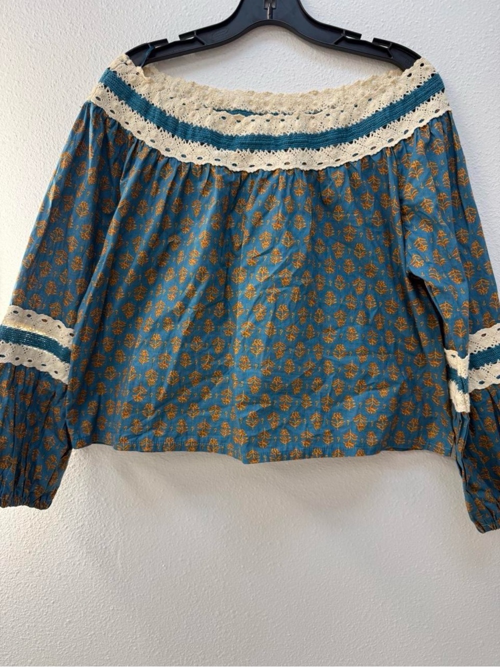 Luna Moon Teal Tiered CrochetMaxi Cottage Prairie Boho Top Sz M